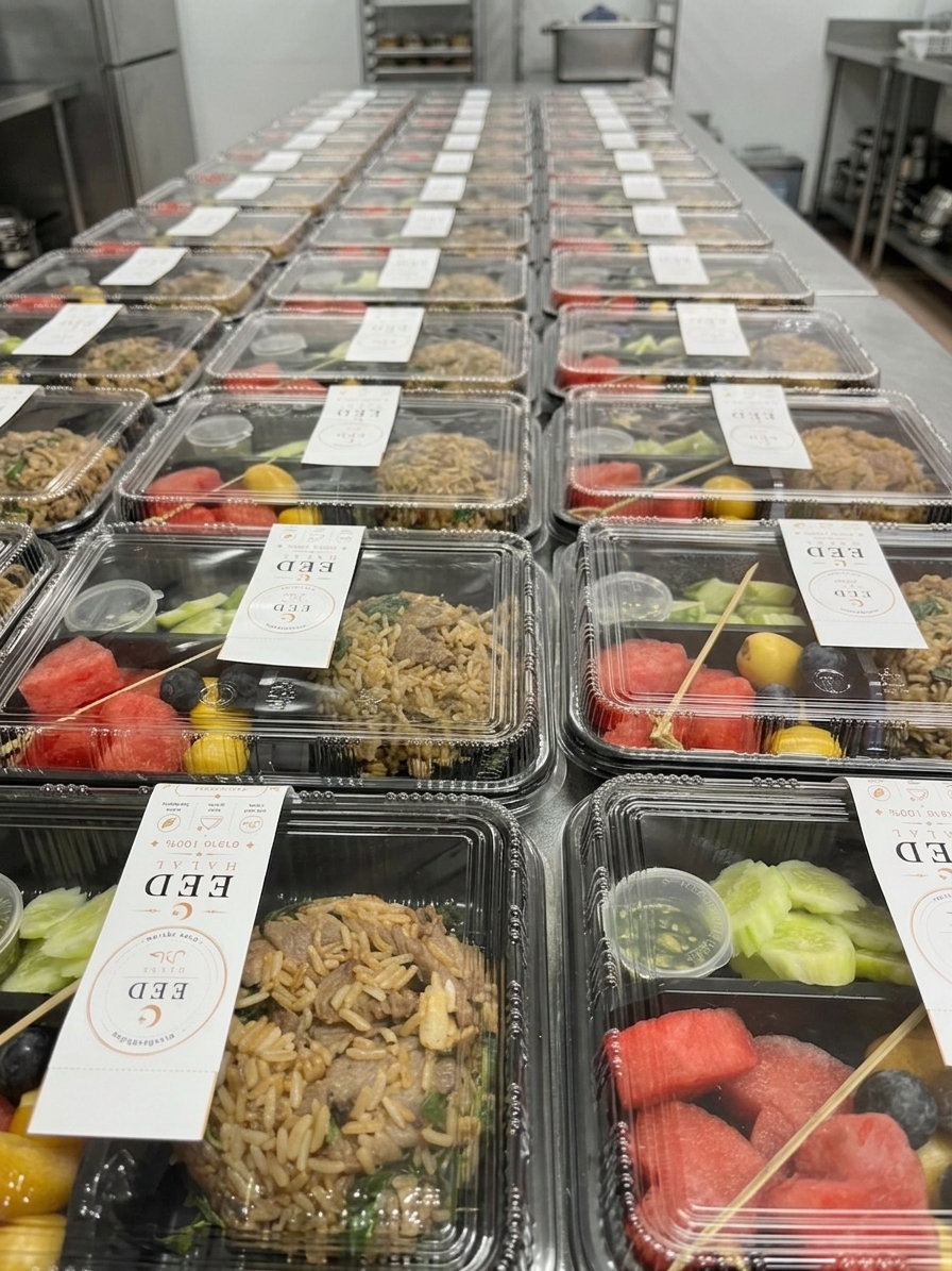 ข้าวกล่องฮาลาล EED HALAL หลายสิบกล่องจัดเรียงพร้อมจัดส่ง